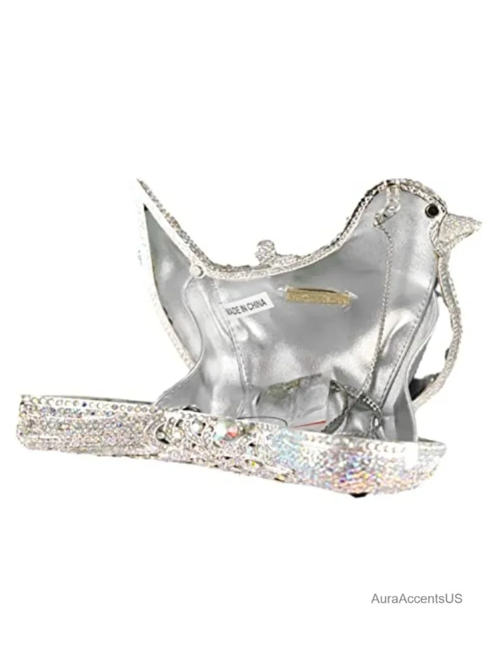 Handcrafted Crystal Bird Clutch Purse, Rhinestone Evening Bag with Chains